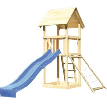 Tour de jeux en bois avec toboggan et mur d''escalade