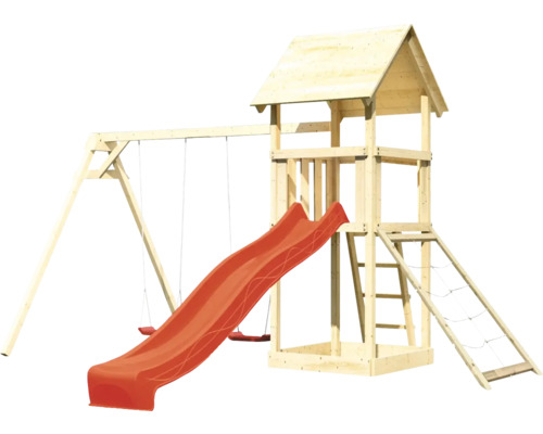 Spielturm aus Holz mit Schaukel und Rutsche