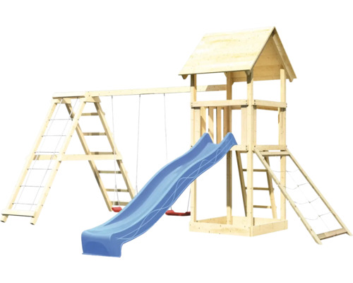 Spielturm aus Holz mit Schaukel, Rutsche und Kletterwand für den Garten