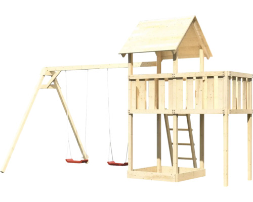 Tour de jeu avec balançoire en bois