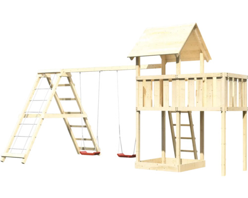 Spielturm aus Holz mit Schaukel und Kletterwand