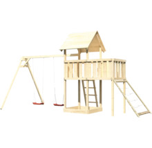 Tour de jeu en bois avec balançoire, échelle et filet d''escalade