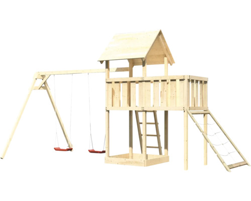 Spielturm aus Holz mit Schaukel, Leiter und Kletternetz