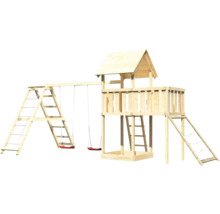Tour de jeu avec balançoire et toboggan en bois pour le jardin