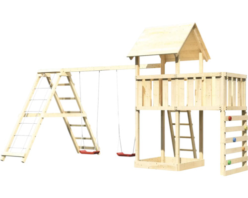 Spielturm aus Holz mit Schaukel, Kletterwand und Leiter