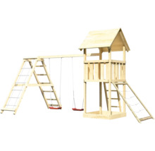 Aire de jeux en bois avec balançoire, mur d''escalade et tour