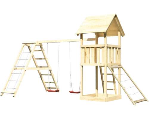Holzspielplatz mit Schaukel, Kletterwand und Turm