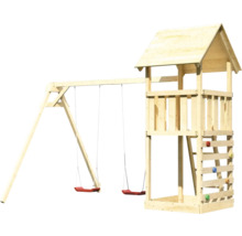 Tour de jeux en bois avec deux balançoires et mur d''escalade pour le jardin