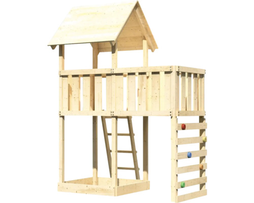 Tour de jeu en bois avec mur d''escalade et échelle