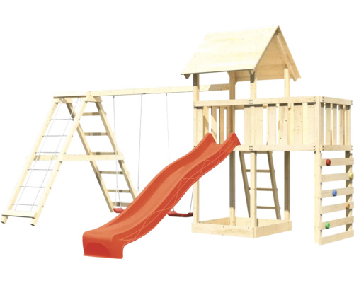 Spielturm aus Holz mit Schaukel, Rutsche und Kletterwand