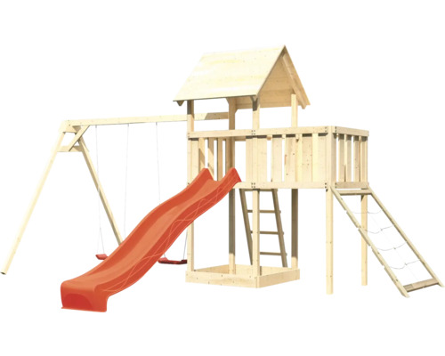 Spielturm aus Holz mit Rutsche und Schaukel