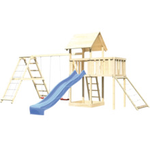 Aire de jeux en bois avec toboggan, balançoire et échelle d''escalade