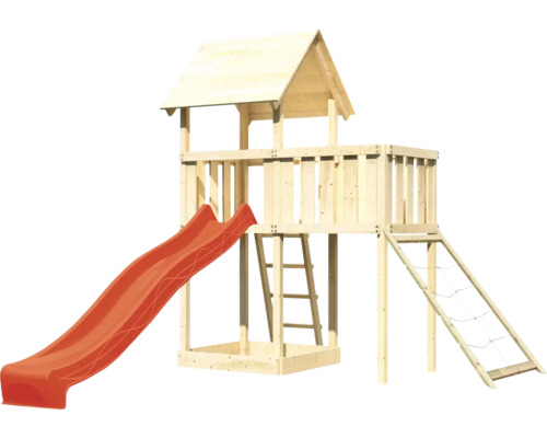 Tour de jeu en bois avec toboggan, échelle et filet d''escalade