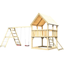 Aire de jeux en bois avec balançoire, échelle et cabane