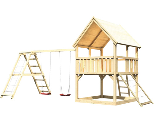 Spielturm aus Holz mit Schaukel, Leiter und Spielhaus