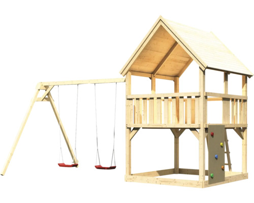Spielturm mit Schaukel und Kletterwand aus Holz