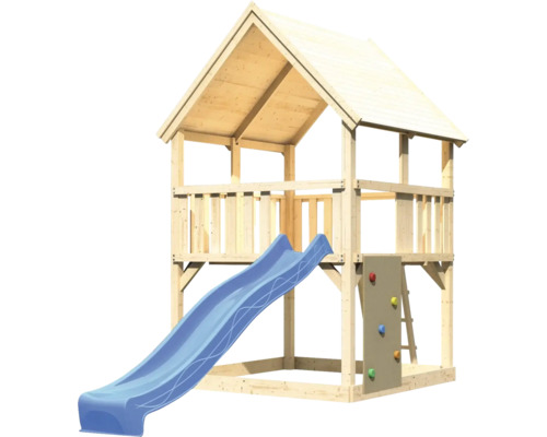 Spielhaus aus Holz mit Rutsche und Kletterwand für den Garten