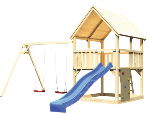 Holzspielplatz mit Schaukel, Rutsche und Kletterwand