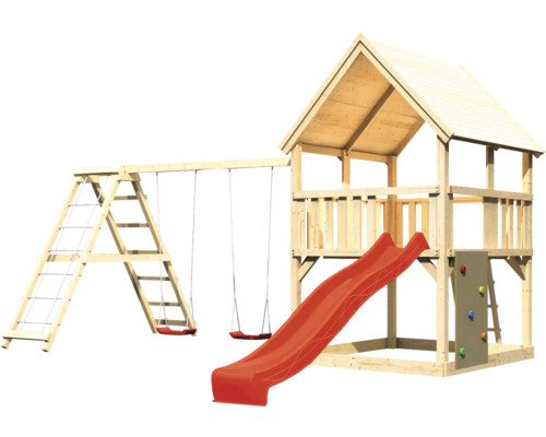 Spielturm aus Holz mit Rutsche, Schaukel und Kletterwand