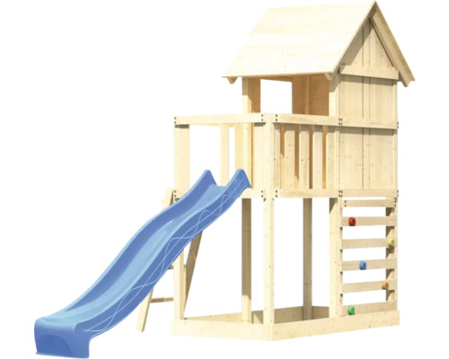 Spielturm mit Rutsche, Kletterwand und Spielhaus aus Holz