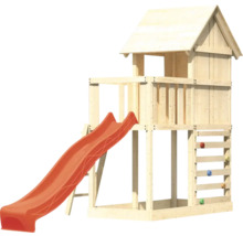 Tour de jeux en bois avec toboggan et mur d''escalade