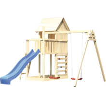 Tour de jeu en bois avec toboggan, mur d''escalade et balançoire