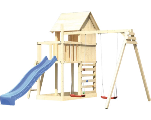 Spielturm mit Rutsche, Kletterwand und Schaukel aus Holz