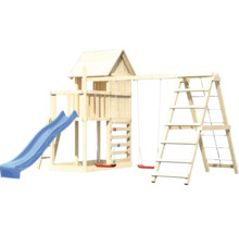 Tour de jeu en bois avec toboggan, balançoires et échelle d''escalade