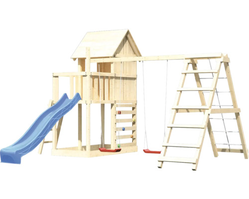 Spielturm aus Holz mit Rutsche, Schaukeln und Kletterleiter