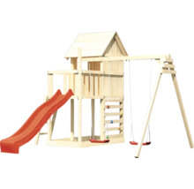 Tour de jeu en bois avec toboggan et balançoire