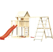 Spielturm aus Holz mit Rutsche, Schaukel und Kletterwand für den Garten