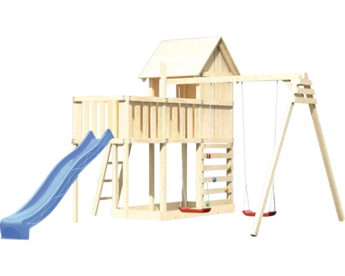 Spielturm mit Rutsche, Schaukel und Kletterwand aus Holz