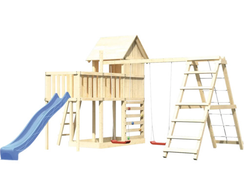 Spielplatz aus Holz mit Rutsche, Schaukeln und Kletterwand