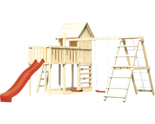 Spielturm aus Holz mit Rutsche, Schaukel und Kletterwand