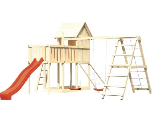 Holzspielturm mit Rutsche, Schaukel und Klettergerüst für den Garten