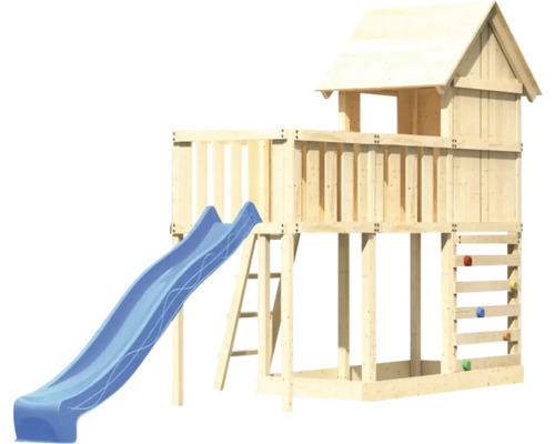 Tour de jeu avec toboggan, mur d''escalade et échelle en bois