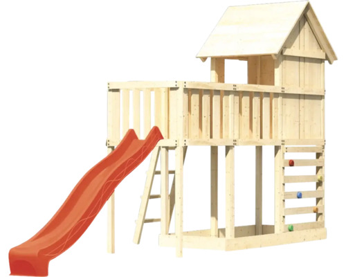 Tour de jeu en bois avec toboggan et mur d''escalade