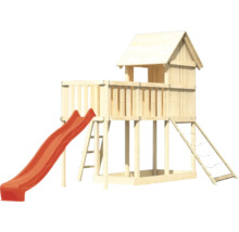 Tour de jeux en bois avec toboggan, échelle et filet d''escalade