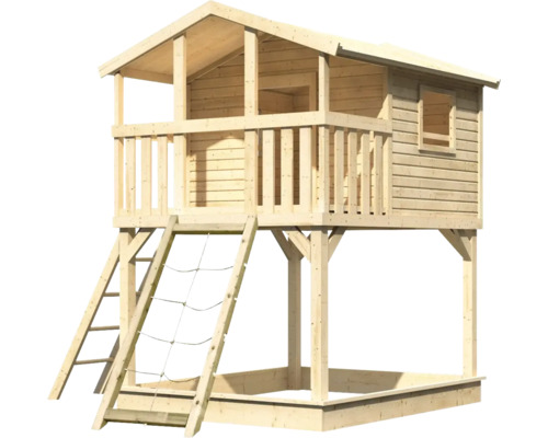 Spielhaus aus Holz mit Sandkasten und Leiter