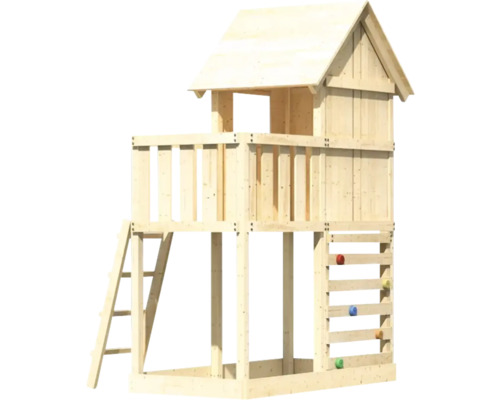 Spielturm aus Holz mit Leiter und Kletterwand