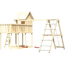 Aire de jeux en bois avec balançoires, échelle et cabane