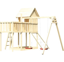 Spielturm aus Holz mit Schaukel und Kletterwand