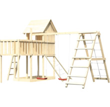 Aire de jeux en bois avec balançoires, échelle et filet d''escalade