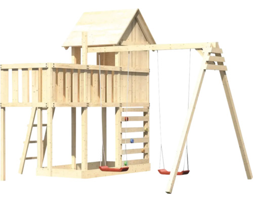 Holzspielhaus mit Schaukel, Kletterwand und Leiter