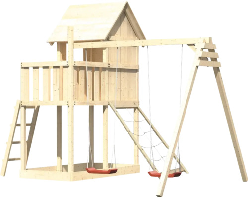 Spielturm mit Schaukel und Kletternetz aus Holz