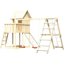 Aire de jeux en bois avec balançoires, mur d''escalade et cabane