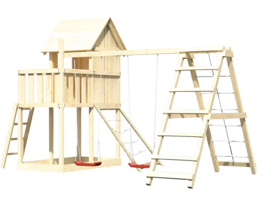 Spielplatz aus Holz mit Schaukeln, Kletterwand und Spielhaus