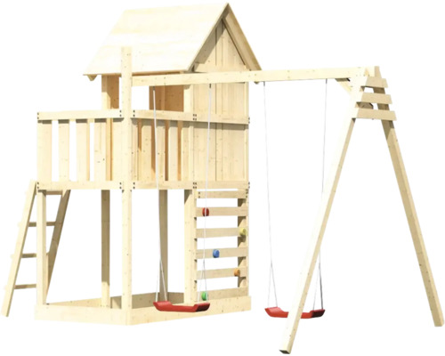 Spielturm mit Schaukel aus Holz