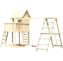 Tour de jeu en bois avec balançoire, mur d''escalade et échelle