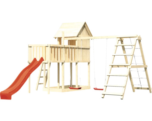Spielturm mit Rutsche, Schaukel und Kletterleiter aus Holz